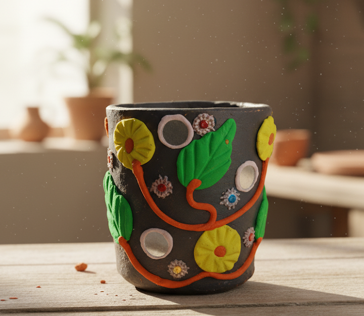 Clay Pen Vase with Beautiful Art