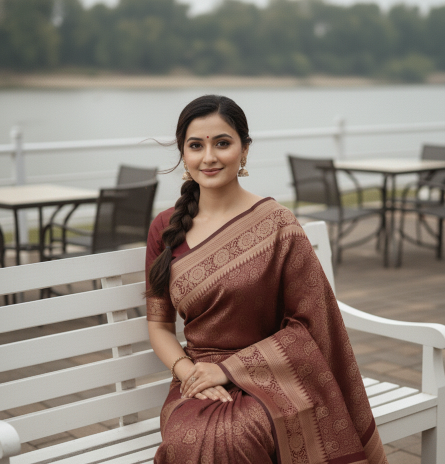 Maroon with Golden Zari Work (কাতান)