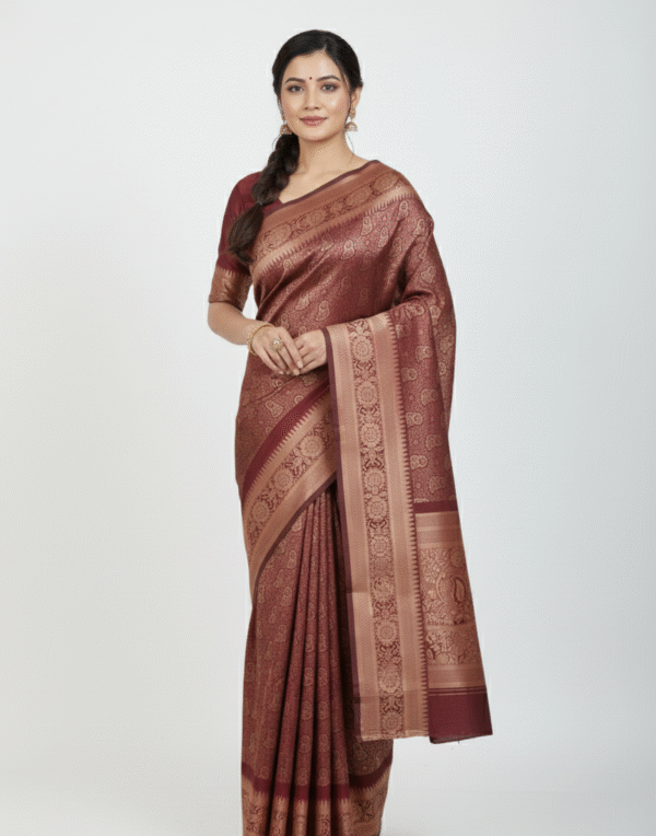 Maroon with Golden Zari Work (কাতান) - Image 3