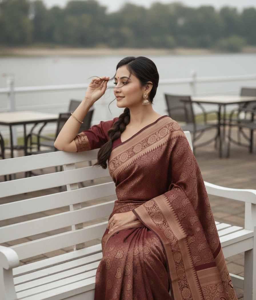 Maroon with Golden Zari Work (কাতান) - Image 2